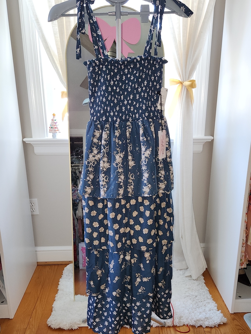 Navy Blue Floral Tiered Maxi Dress with Tie Straps